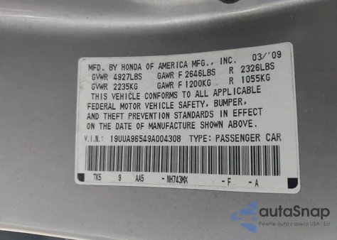 2009 Acura Tl 3.7 from USA, damaged, VIN 19UUA96549A004308